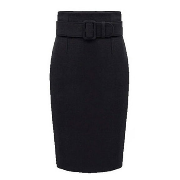 Litie Women Solid Color High Waist Slim Fit Bodycon Knee Length Skirt with Belt