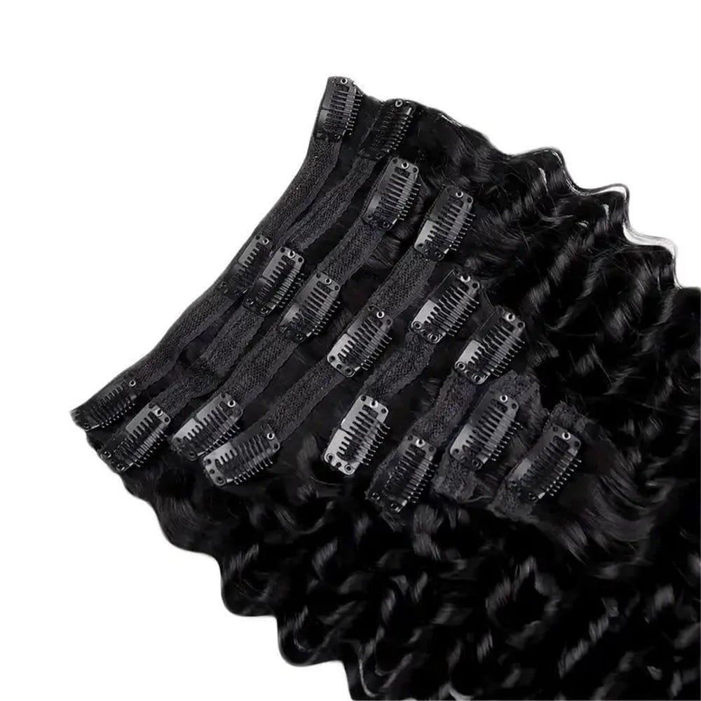 Brazilian Curly Clip In Hair Extensions 8pcs Deep Wave Human Hair Extensions 1B 120g