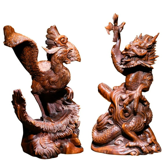 Vintage Boxwood Carving Phoenix And Dragon Sculpture Statues Indoor Home Decor Luxury Living Room Decoration Livingroom