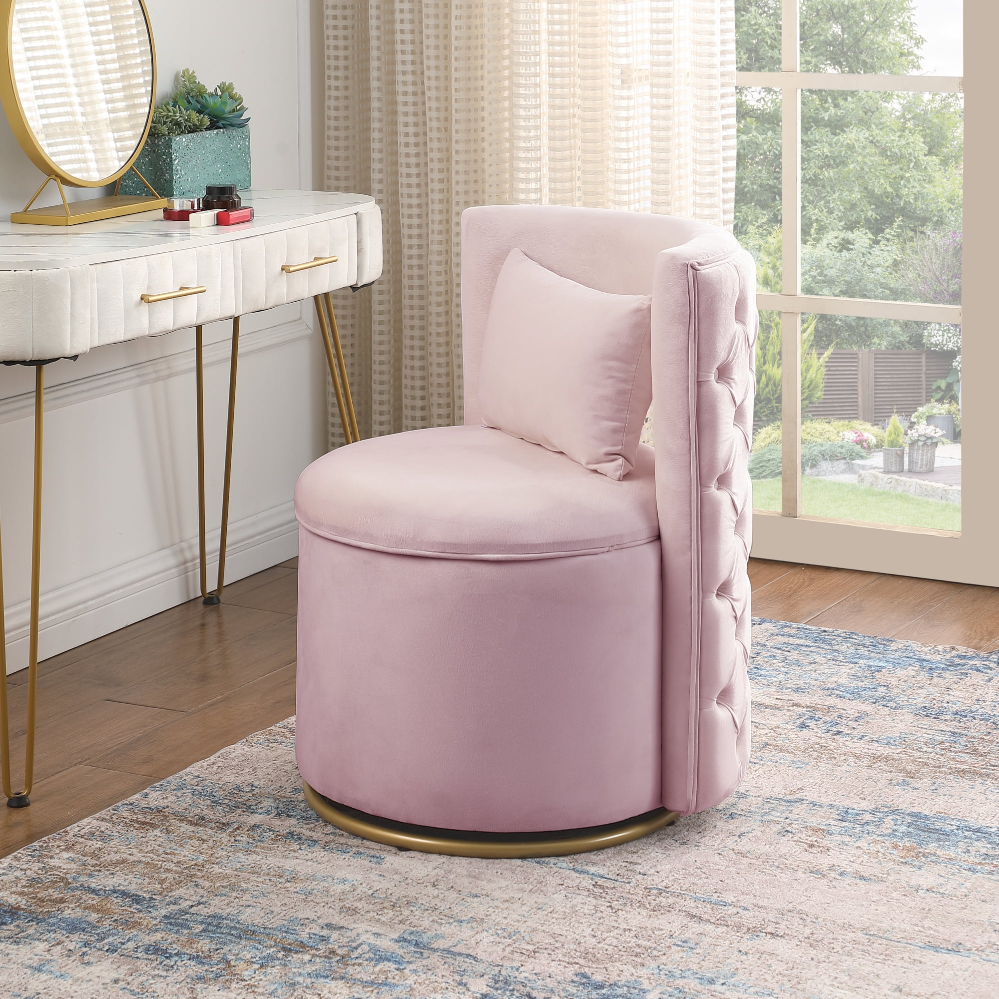 Leumius 360° Swivel Accent Chair with Storage,Velvet Curved Chair with Gold Metal Base for Living Room,Nursery,Bedroom-Pink