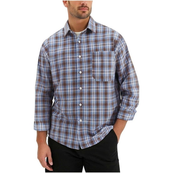 lulshou Men's Vintage Plaid Shirt Long Sleeve Button Down Shirt with Chest Pocket for Casual Work Outdoor Wear, Coffee, XL
