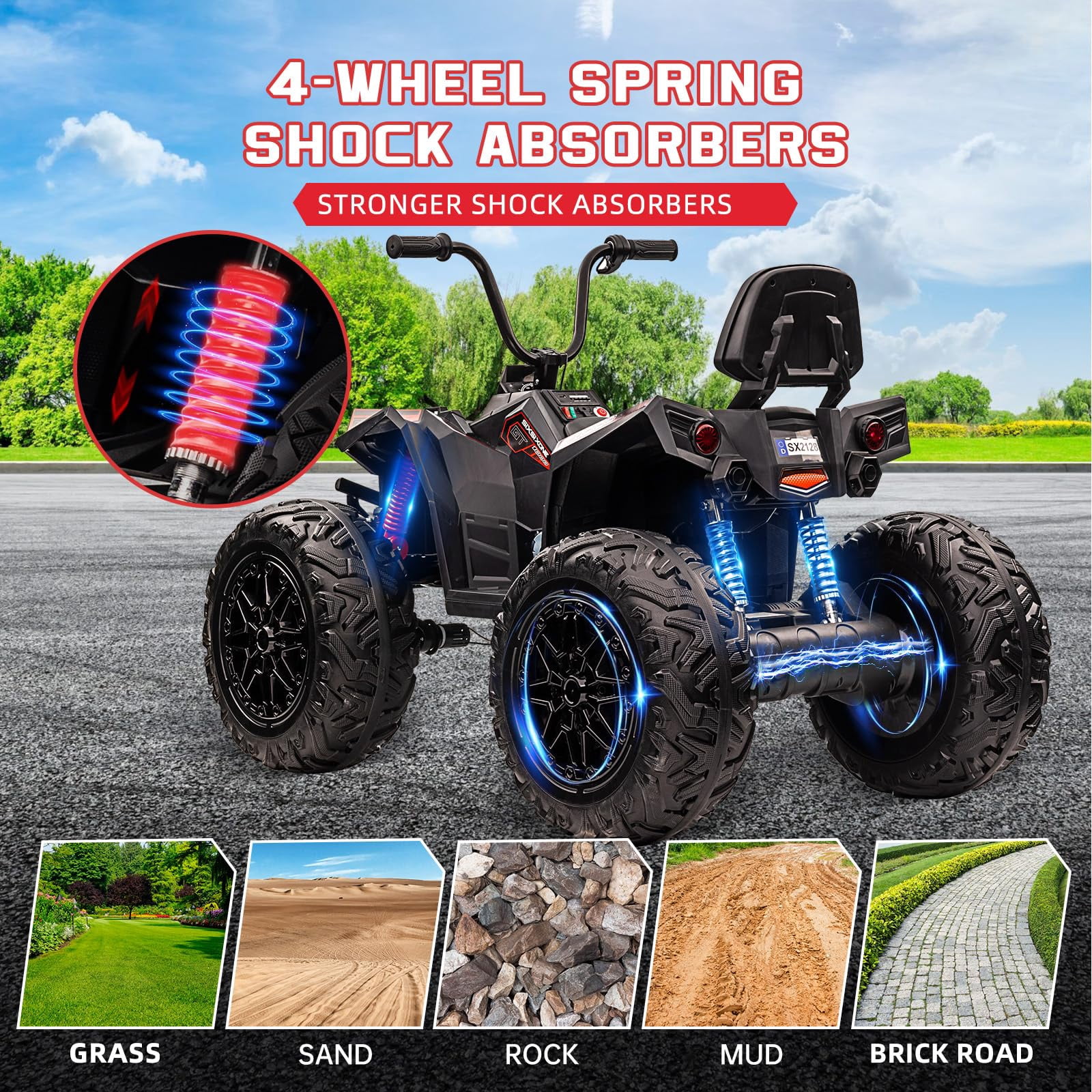 TROPOW Electric Ride On Cars with Remote Control,24V Two-Seater Kids ATV – 4x4 Electric 4-Wheeler Quad Ride-On Car Toy with 4x200W Motors, LED Lights, EVA Tires, Music, and Horn,