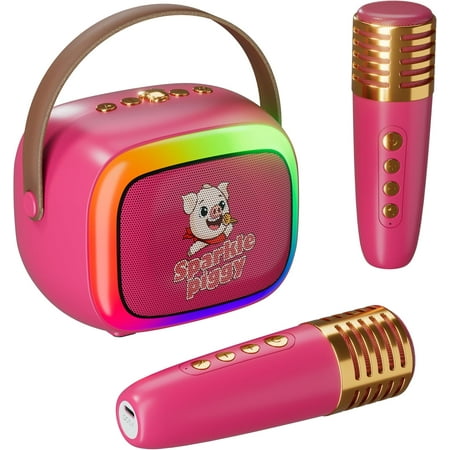 2025 New Mini Karaoke Machine for Kids & Adults, 2 Wireless Mics, LED Colortul Lights, Portable Outdoor Bluetooth Speaker, Toys Birthday Gifts for Boys & Girls Ages 3-12 (Rose Red)