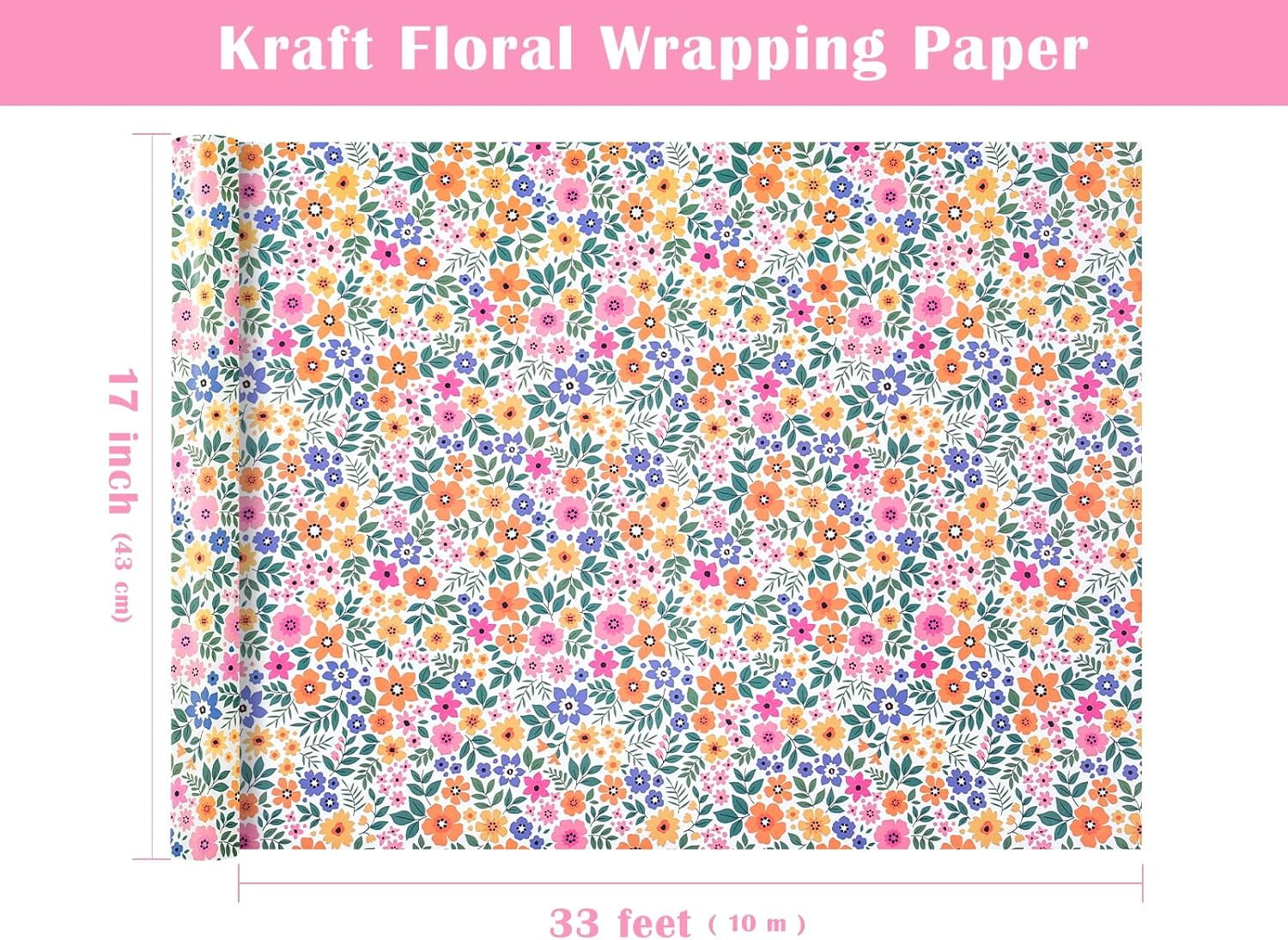 AllWays Plaza Kraft Floral Wrapping Paper Roll - Mini Roll - 17 Inch x 33 Feet - Ditsy Flower Wrapping Paper, Perfect for Wedding, Birthday, Bridal Shower, Tea Party