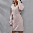 thumbnail image 2 of Women's Woolen Knitted Sweater Dress V Neck Shoulder Drop Long Sleeve Waistband Elegant Winter Autumn Casual Outfit, 2 of 2