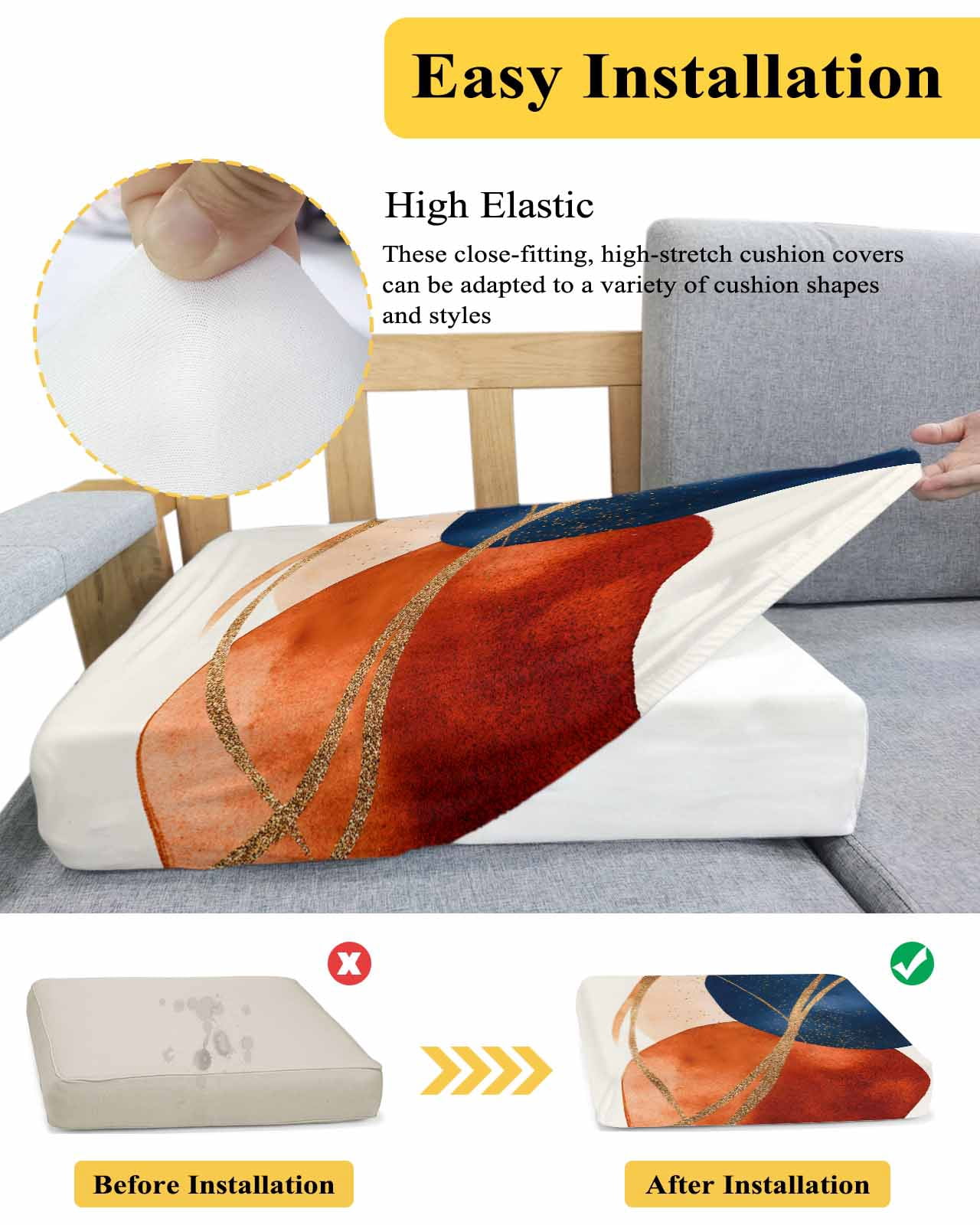 Navy Blue Burnt Orange Couch Cushion Covers Stretch, Washable Sofa Seat Covers Individual Seat Cushion Sofa Slipcovers Geometric Modern Boho Art Couch Cover Furniture Protector S-1PCS