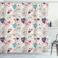 thumbnail image 1 of Valentines Day Shower Curtain, Colorful Heart Motifs and Cup of Coffee with Romantic Words, Fabric Bathroom Set with Hooks, 69W X 75L Inches Long, Eggplant and Multicolor, by Ambesonne, 1 of 3