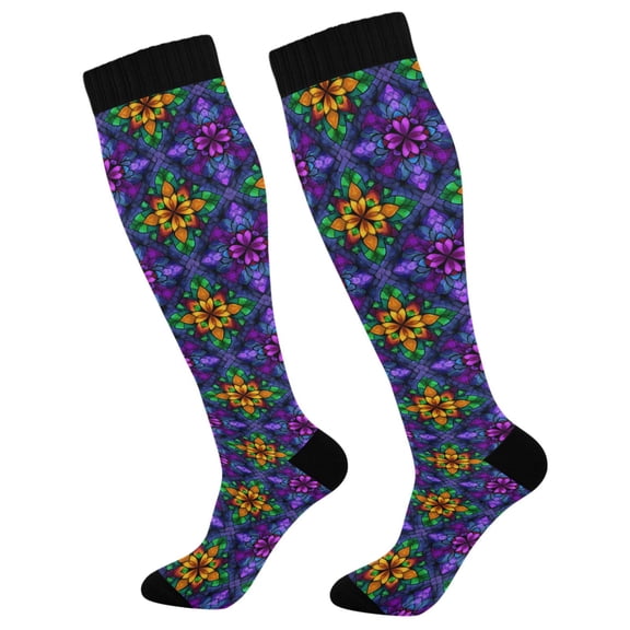 FORMRS Womens Knee High Socks Casual Long Thick Travel Daily Wear, 1 Pair, Purple Stained Glass Pattern
