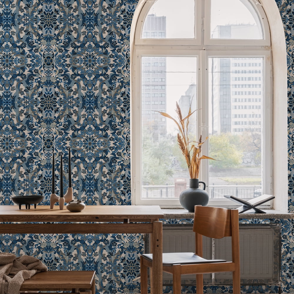 Tempaper Ornate Medallion Blue Sapphire Peel and Stick Wallpaper, 20.5" x 16.5'