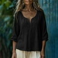 thumbnail image 5 of Hvot&aat Womens Cotton Linen Shirts Long Sleeve Loose Solid Color Casual Tops V Neck Elegant Beach Boho Lightweight Blouse, 5 of 7
