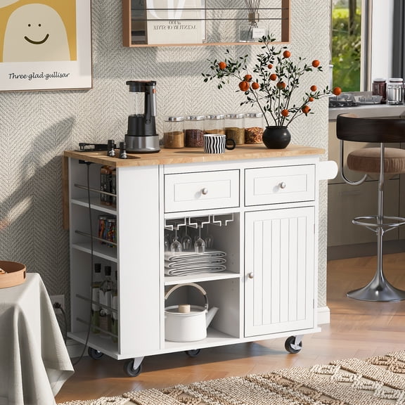 MODERNLUXE 35.8" Kitchen Island with Power Outlet,Rubber Wood Kitchen Storage Island with Drop Leaf,Open Storage, Wine Rack,5 Wheels and Adjustable Shelf for Home, Kitchen, and Dining Room,White