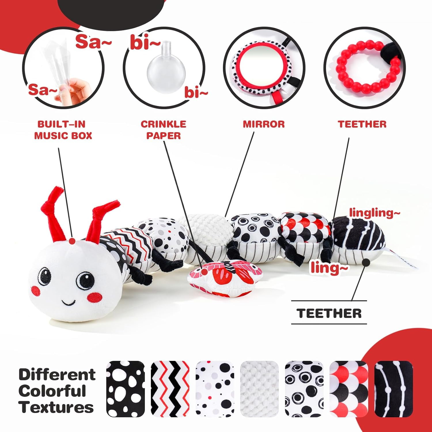 Musical Baby Growth Chart Plush Toy with Mirror, Rattle & Teether, Crawling Companion for 0-12 Months Infant Gift