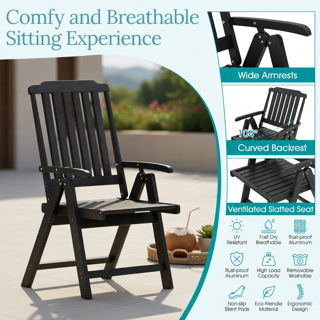 Hommoo Foldable HDPE Outdoor Dining Chair with Armrests, All-Weather, Rustproof, Space-Saving Patio Chair for Backyard, Balcony & Indoor Use, Black