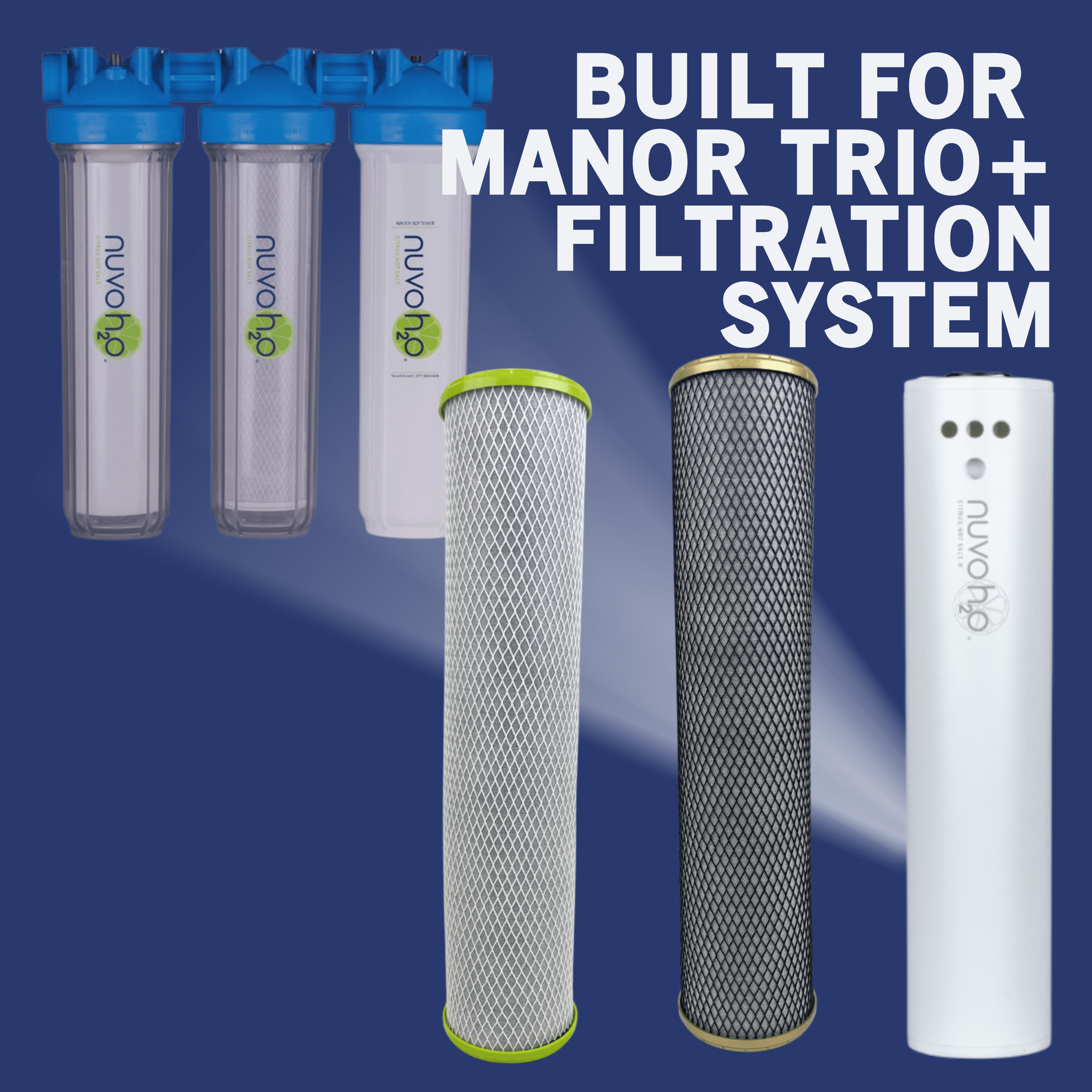 NuvoH2O Replacement Cartridge for Whole Home Trio System – 3-Stage Citrus-Based Filter Set – Salt-Free Water Conditioning System with Carbon & Iron Filtration – Helps Reduce Scale & Impurities