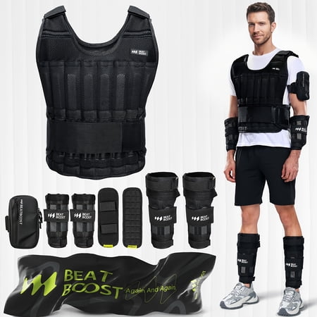 Adjustable 60 Pound Weighted Vest with Ankle and Wrist Steel Plate for Walking Strength Training Running Workout