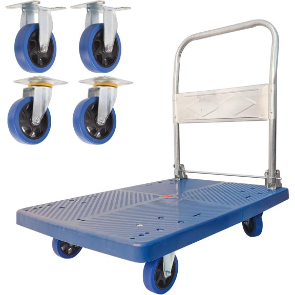Flatbed Cart, 660lbs Heavy Duty Capacity Platform Hand Truck 360 Degree Swivel Wheels Foldable Push Hand Cart for Loading and Storage, Warehouse (Blue)
