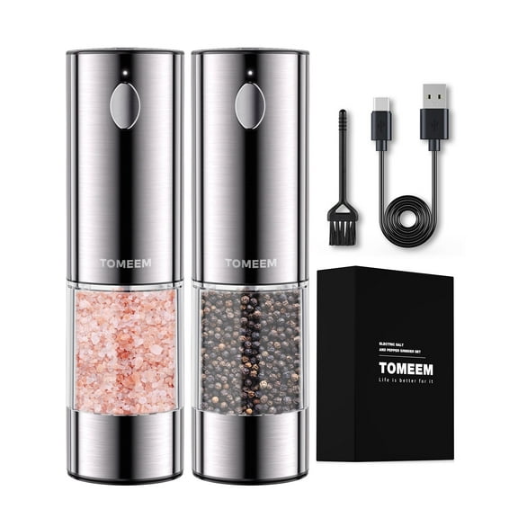 Electric Salt and Pepper Grinder Set Rechargeable with LED lights, Stainless Steel Automatic Pepper and Salt Grinder Refillable with 5 Adjustable