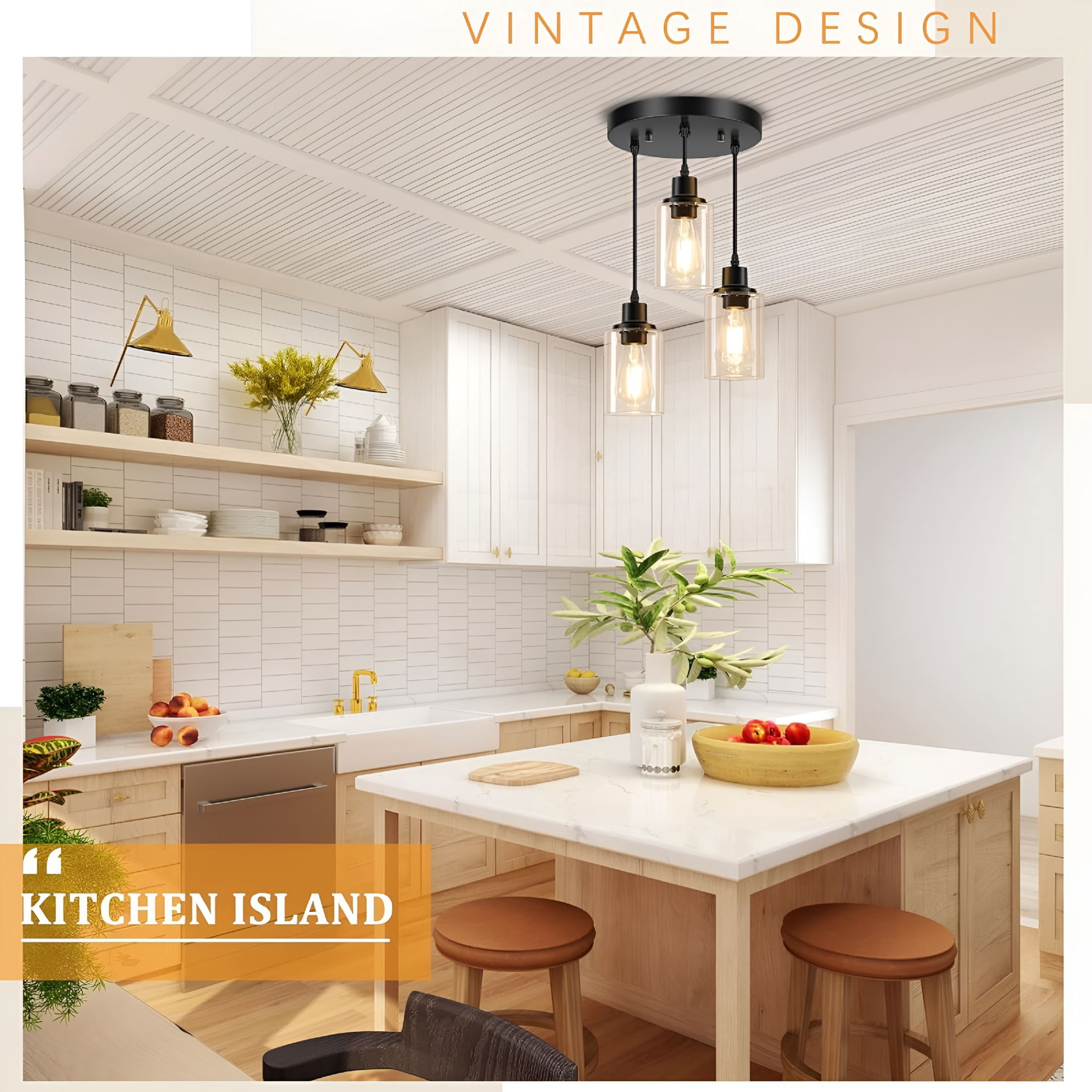 HIBIBUD 2026 New 3-Light Pendant Light Fixtures Cluster Pendant Kitchen Island Pendant Lighting with Clear Glass Shade Hanging Light Fixtures with Adjustable Cord for Dining Room,Hallway,Living Room