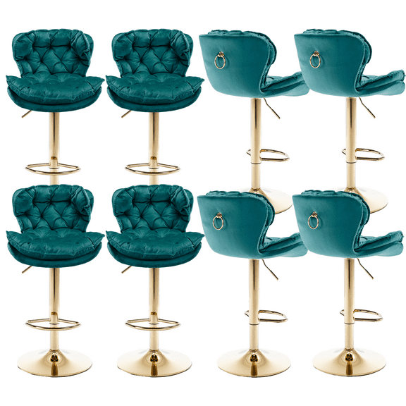 Swivel Kitchen High Bar Chairs with Golden Base Velvet Bar Stool Chair Height Adjustable Counter Chair with Back Swivel Barstool with Footrest for Kitchen Dining Room (Set of 8)