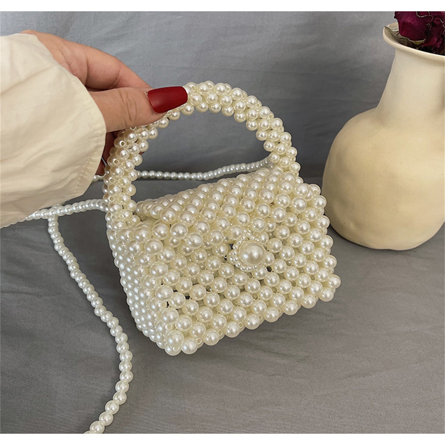 Frgharo Beaded Handbag for Women White Pearl Decoration Evening Bags with Detachable Chain Inner Bag &M Size