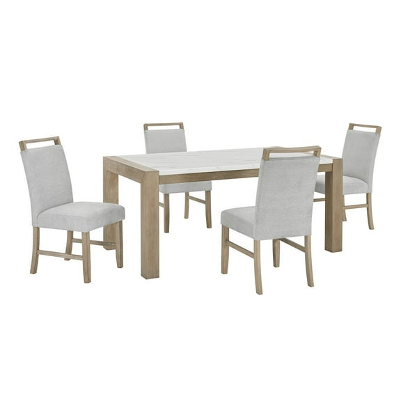 Roundhill Furniture Zelalle 5-PC Dining Set, Faux Marble Table, 4 Chairs, White Wired-Brushed Finish