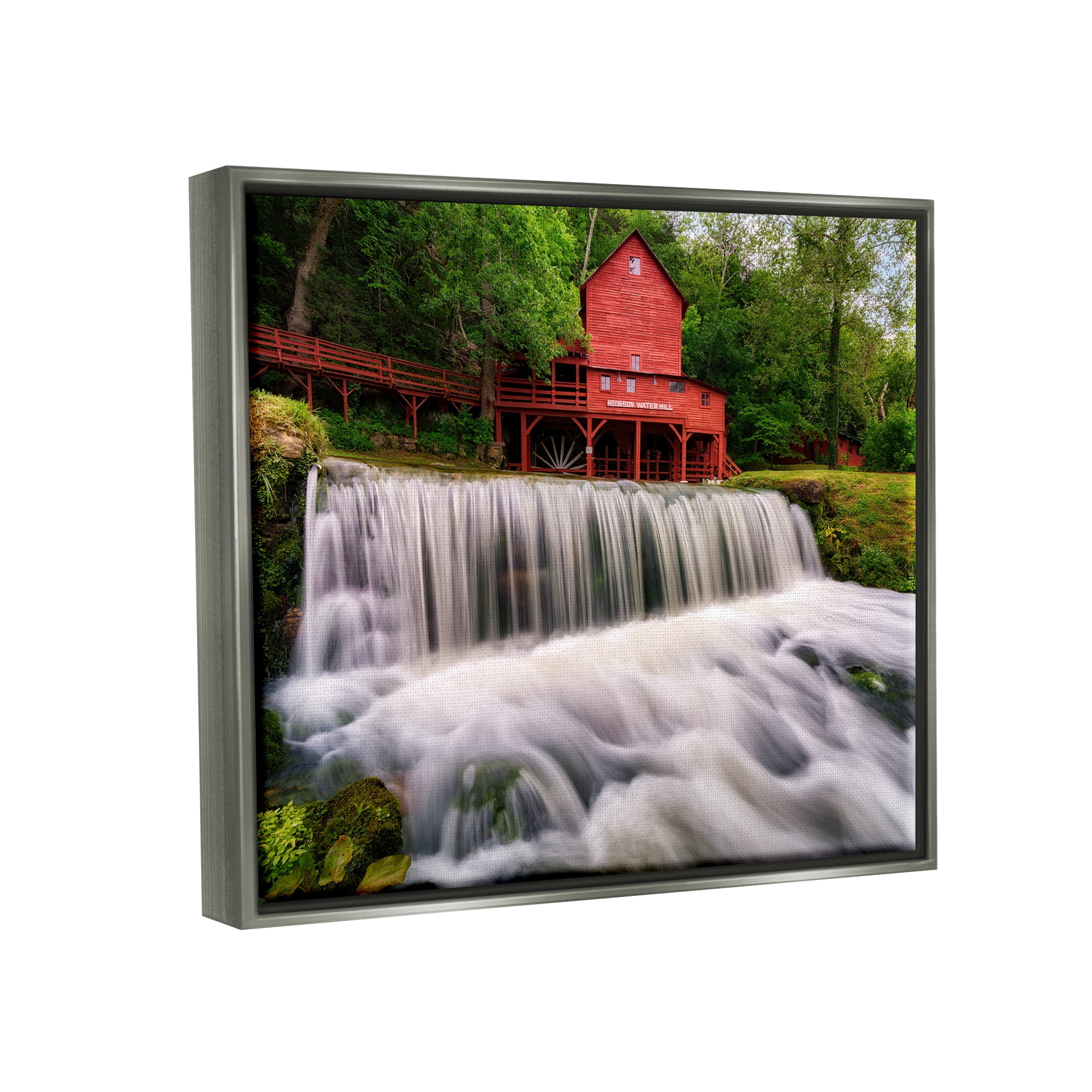 Stupell Red Bridge Overlooking Waterfall Landscape Photography Gray Floater Framed Art Print Wall Art