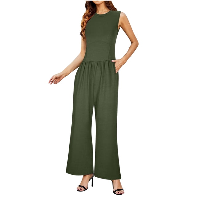 AherBiu Combinaisons pour Femmes Sans Manches Jambes Larges Col Rond Décontracté Combinaisons Amples Pantalons Salopettes avec Poches