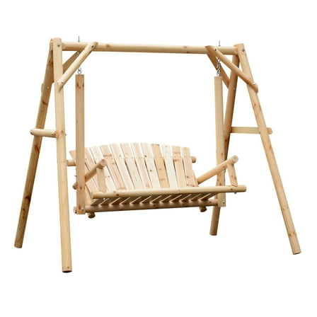 Outdoor Swing Chair 2-Person, 6.5' Rustic Patio Porch Swing, Wood Loveseat with A-Frame Stand, Garden Swing Bed