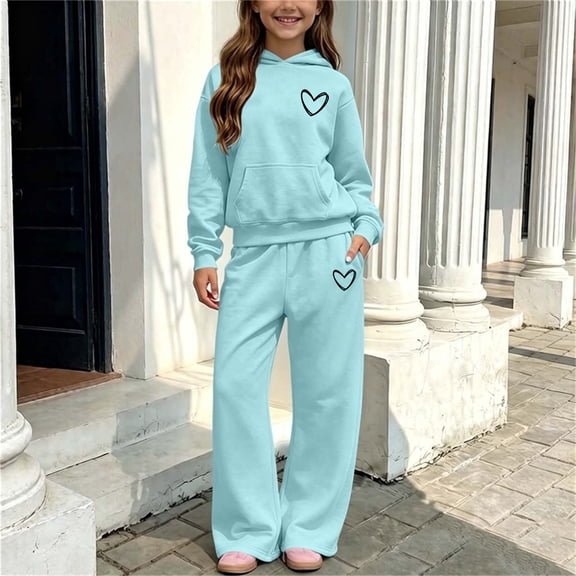 FSYBOA Girls Outfit Set Size 6, Casual Fleece-lined Hooded 2 Piece Hoodies and Sweatpants Light Blue