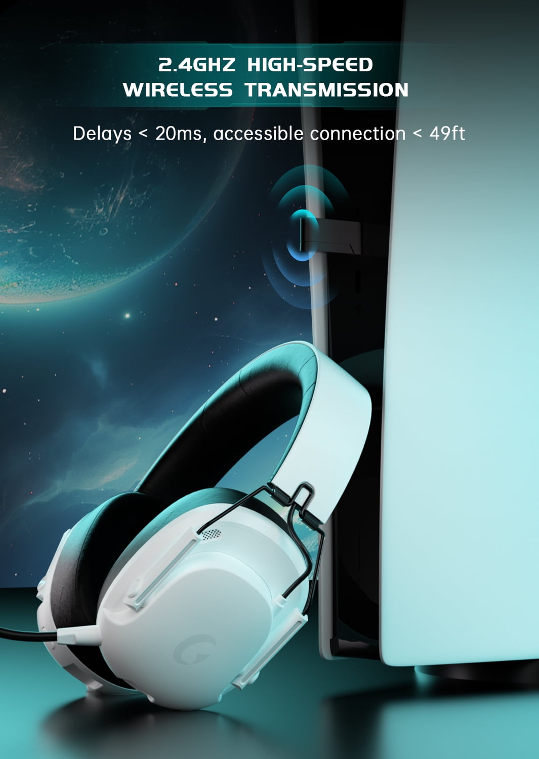 UDH 2.4GHz Wireless Gaming Headset for PS4/PS5/Xbox/Switch/PC, 7.1 Surround Sound & 45H Battery, Noise Cancelling Over-Ear Headphones with Microphone ,White