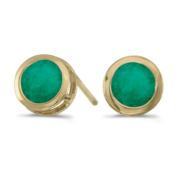14k Yellow Gold Round Emerald Bezel Stud Earrings