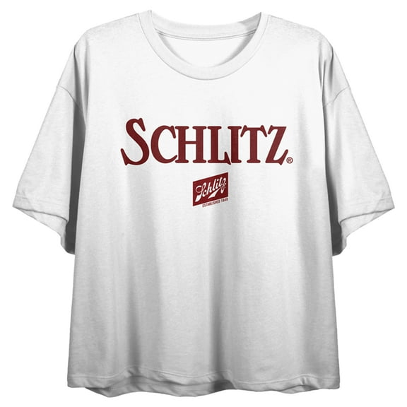 Schlitz Text Logo & Globe Art Crew Neck Short Sleeve Women's White Crop Top-Medium
