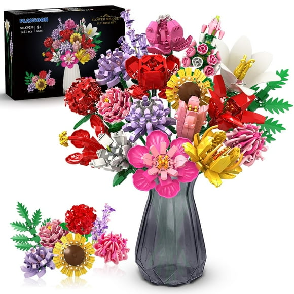 PLAXSOON Flower Bouquet Building Set, 1464 PCS Botanical Collection Building Block Toy, 18 Flowers Rose Sunflower Home Plant Decor, Mothers Day Birthday Gift f