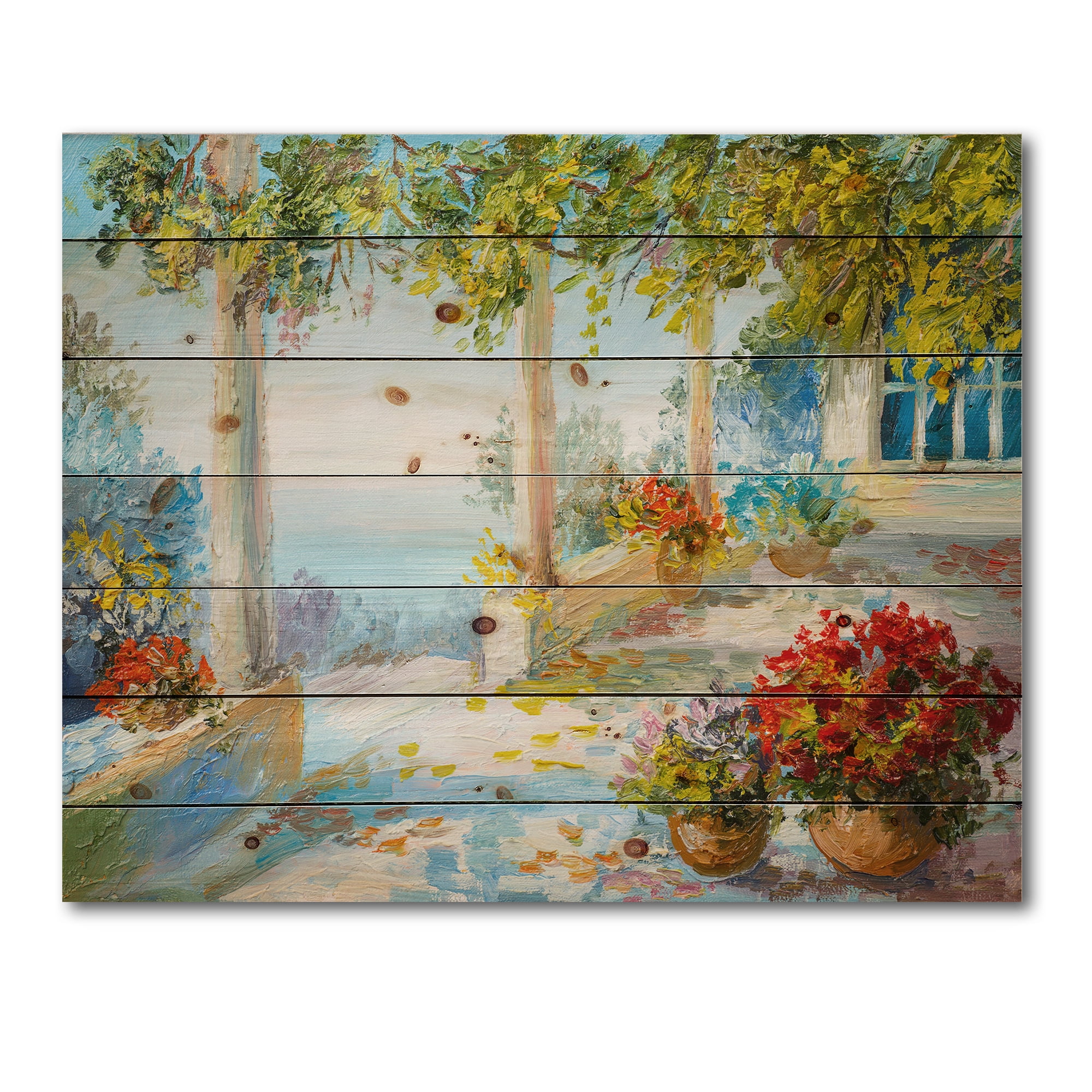 Designart 'Terrace With Red Flowers Near The Sea' Nautical & Coastal Print on Natural Pine Wood