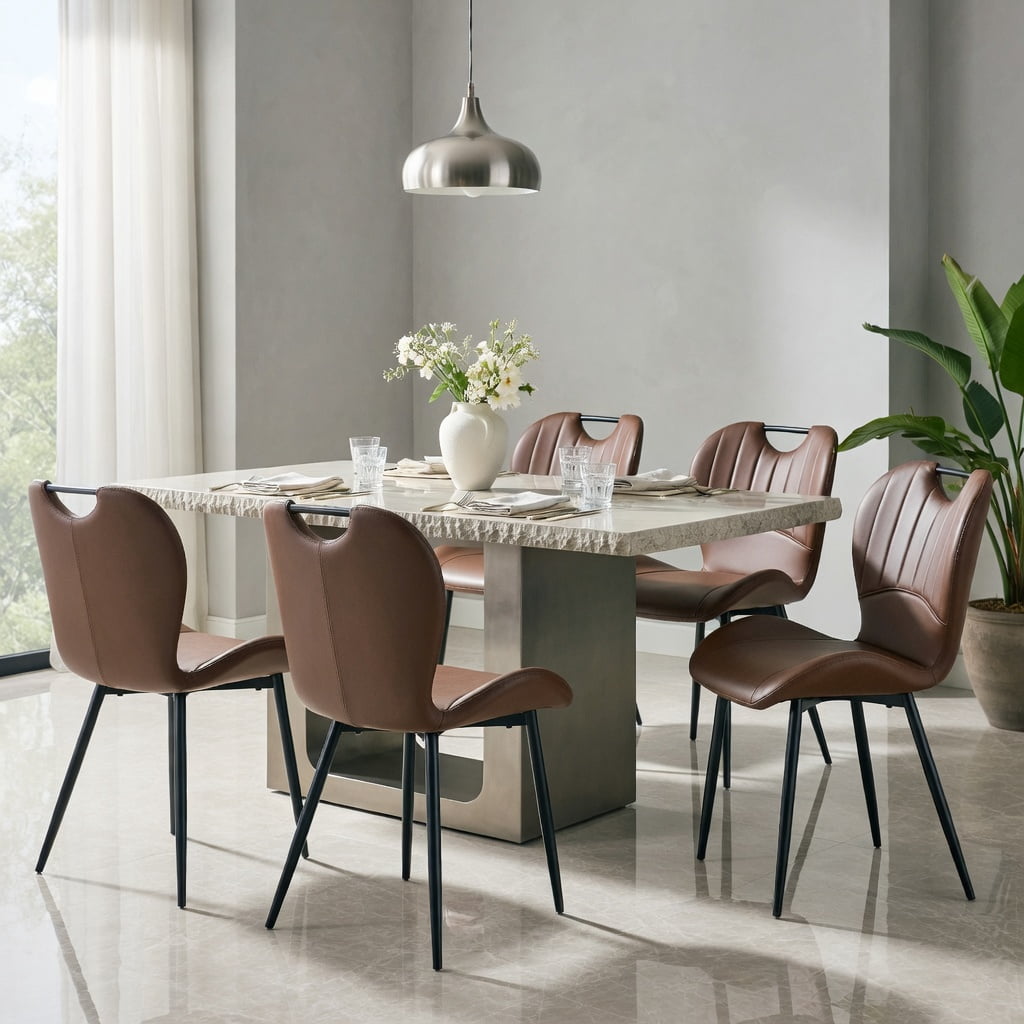 Hommoo Set of 4 Modern PU Leather Dining Chairs with Black Metal Frame, Ergonomic Wide Seat, Adjustable Leveling Feet & Integrated Handle for Kitchen, Office, or Bedroom Use, Brown