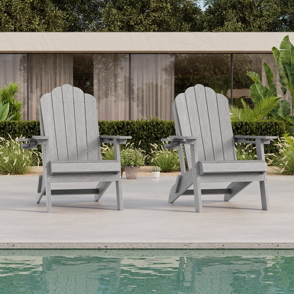 ACEGOSES Foldable Outdoor Adirondack Chair Set of 2 with Cup Holder,Weather Resistant HDPE Plastic for Patio, Fire Pit, Deck, Light Gray
