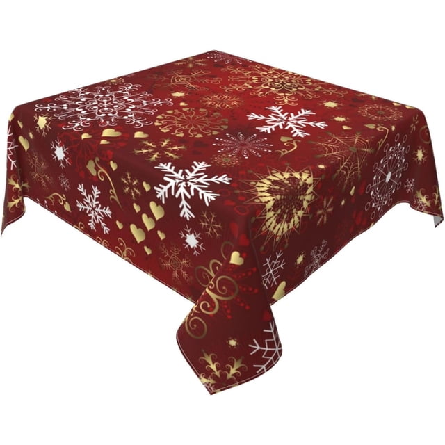 Nappe de Noël 60x60 Pouces Carrée Forme Cœur d'Amour Doré Flocons de Neige Rouges Nappe en Tissu Ferme Hiver Vacances Décorative pour Pique-Nique Fête Maison Intérieur Extérieur
