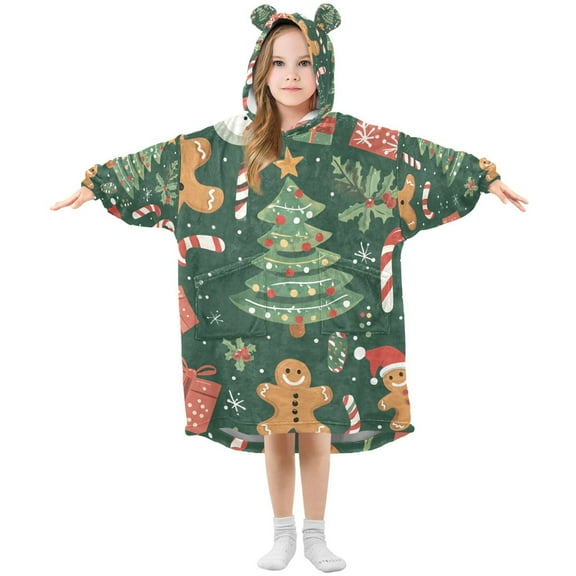 FORMRS Wearable Blanket Hoodie with Sleeves for Kids Cozy Flannel Sweatshirt, Brown Christmas Gingerbread