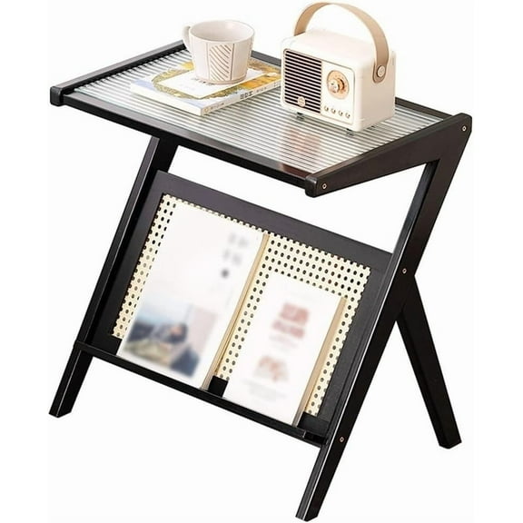Furnibear Rattan End Table Bamboo Accent Side Table with Tempered Glass Top, Black