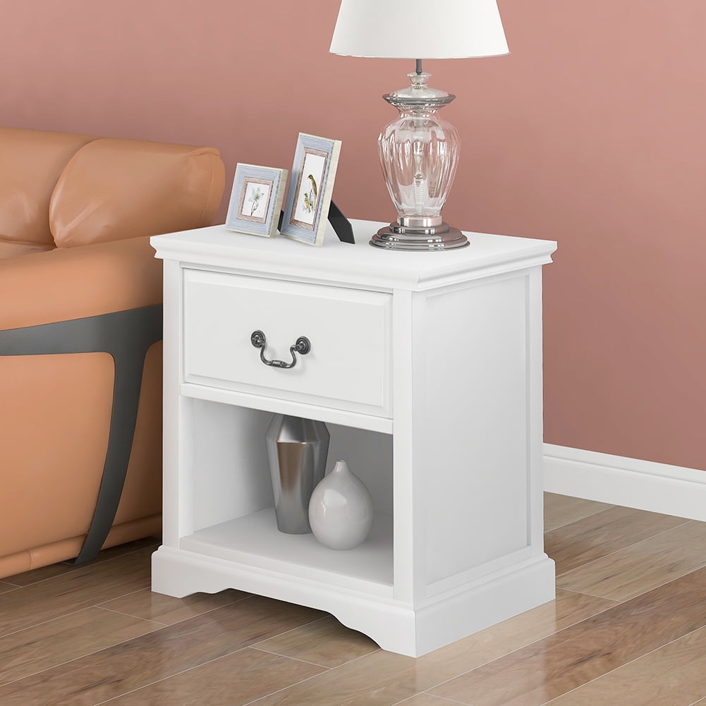 Lowestbest Modern Solid Wood Bedside Table, Living Room Side Table Coffee Table with 1 Drawer, White Lowestbest Modern Solid Wood Bedside Table, Living Room Side Table Coffee Table with 1 Drawer, White