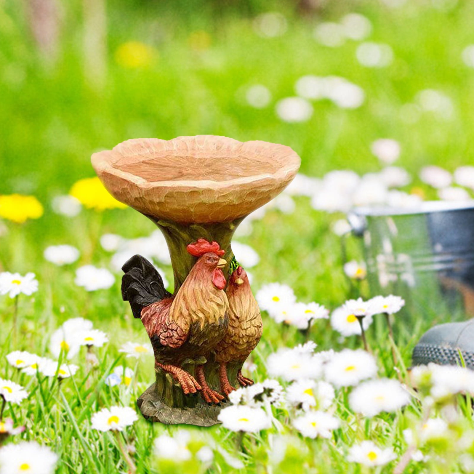 Teissuly Beautiful Rooster Sculpture Bird Bath for Outdoor with Brown Pedestal Handmade Wild Bird Feeder Birdbath Bowls for Garden Bird Feeder Outdoor Garden Lawn Yard Decorations