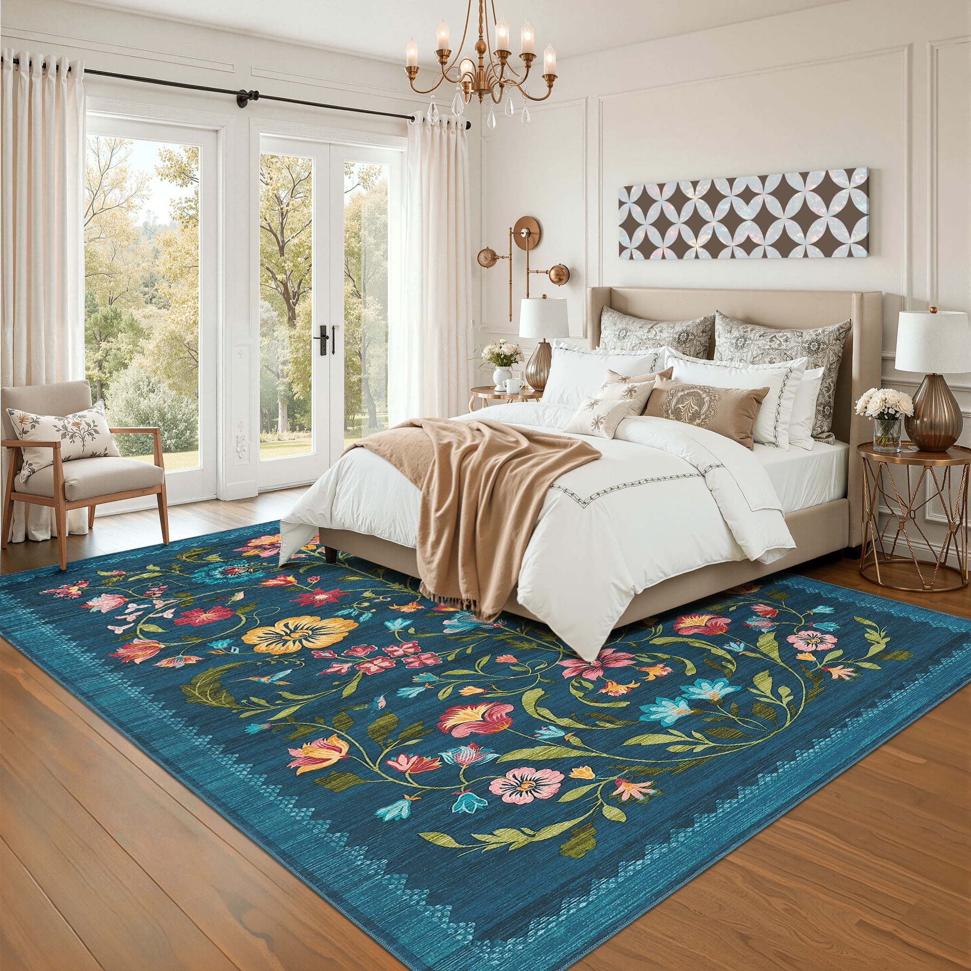 Garvee 10'x13' Floral Printed Area Rug Vintage Soft Rug, Washable Low Pile Rug Stain Resistant Farmhouse Indoor Carpets with Non Slip Backing for Living Room Bedroom Playroom, Blue