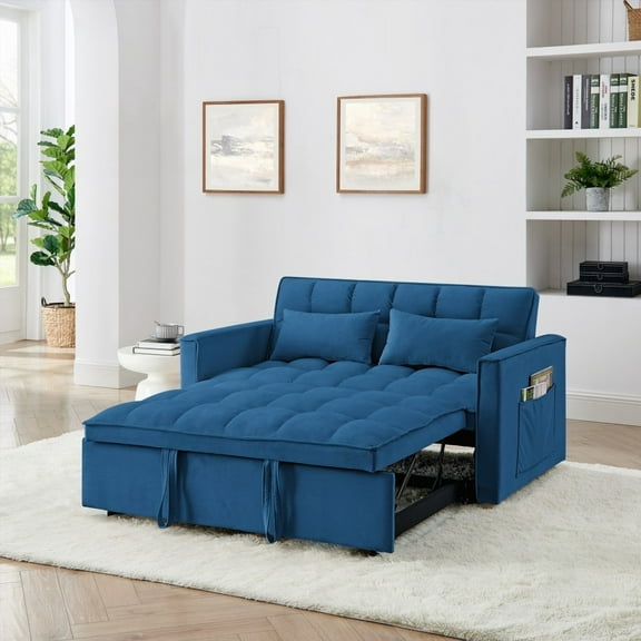 Modern 54.33 inch Sofa Bed in 3 Sizes, Velvet Pull-Out with Adjustable Backrest (BLUE)