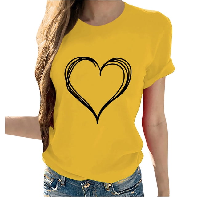 AherBiu Hauts de la Saint-Valentin pour Femmes à Imprimé de Cœurs, Col Rond, Manches Courtes, Haut Basique, T-Shirts, Chemises, Blouse
