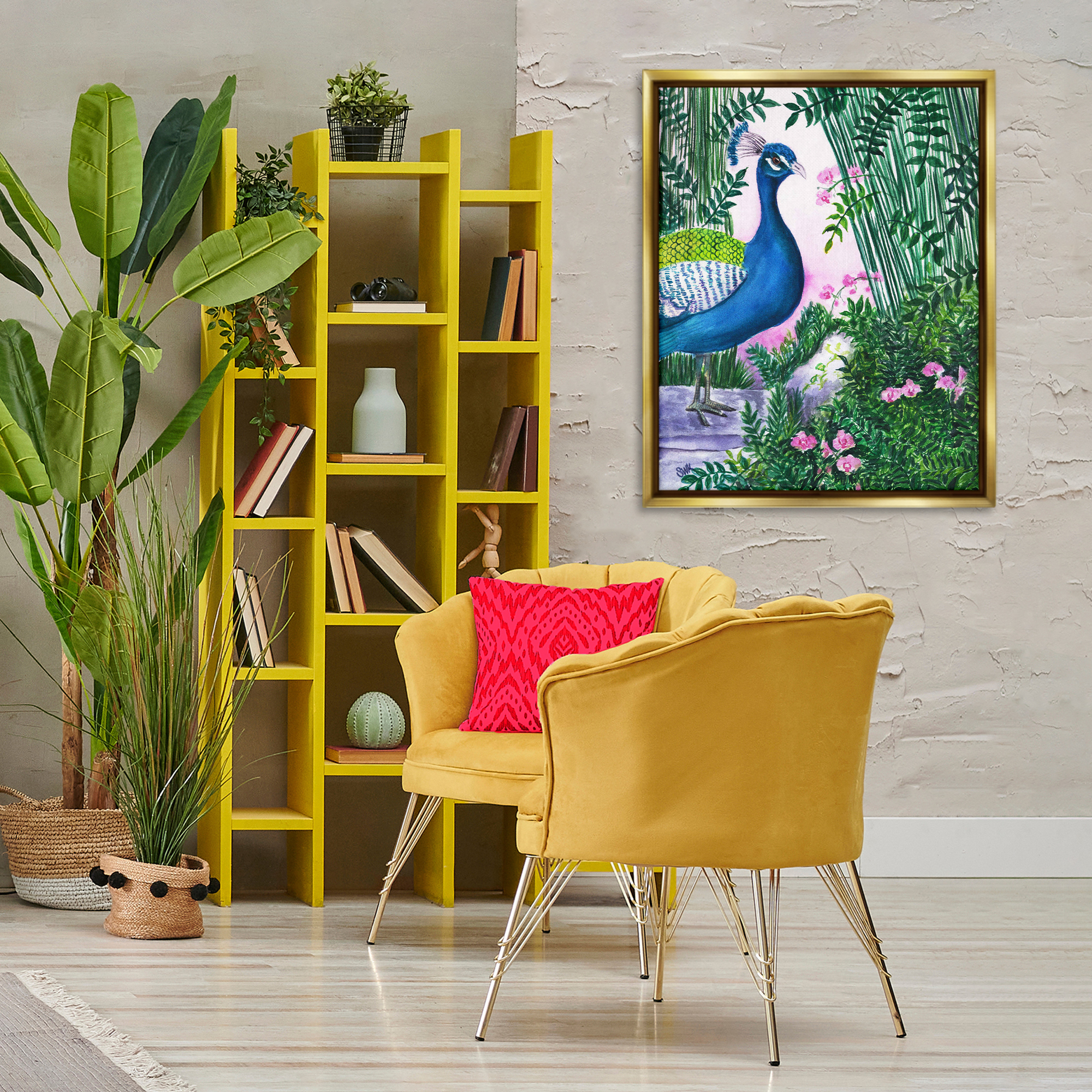 Stupell Industries Peacock in Pink Landscape & Nature Painting Gold Floater Framed Canvas Art Print Wall Art, 25 x 31