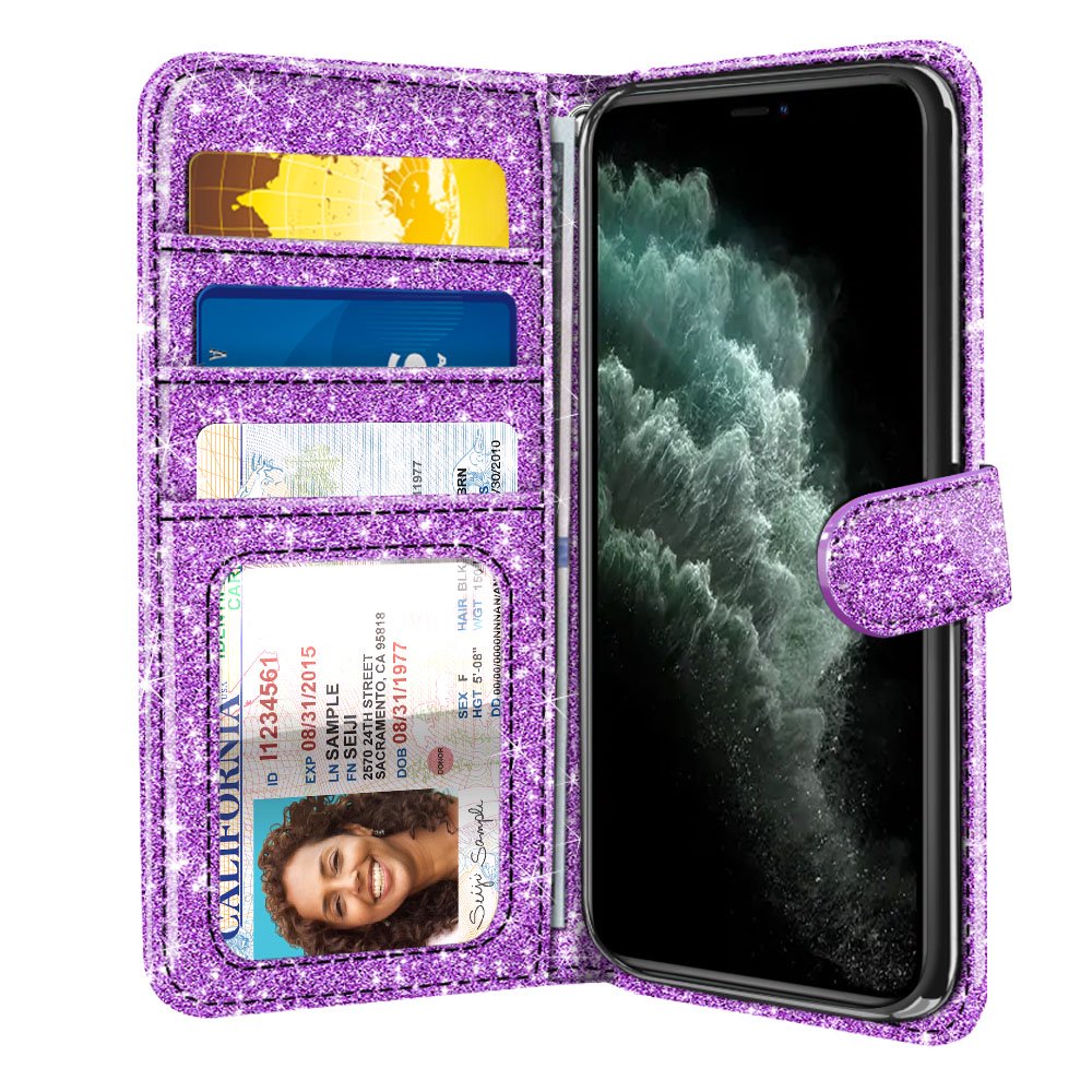 FINCIBO Sparkling Glitter Wallet Cover Case with Card Holder Kickstand for Apple iPhone 11 Pro 5