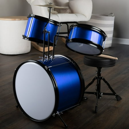 Kids 3-Piece Drum Set with Cymbal, 2 Toms, Bass Drum and Pedal, Drumsticks and Drum Throne for Beginners, Blue by Hey! Play!