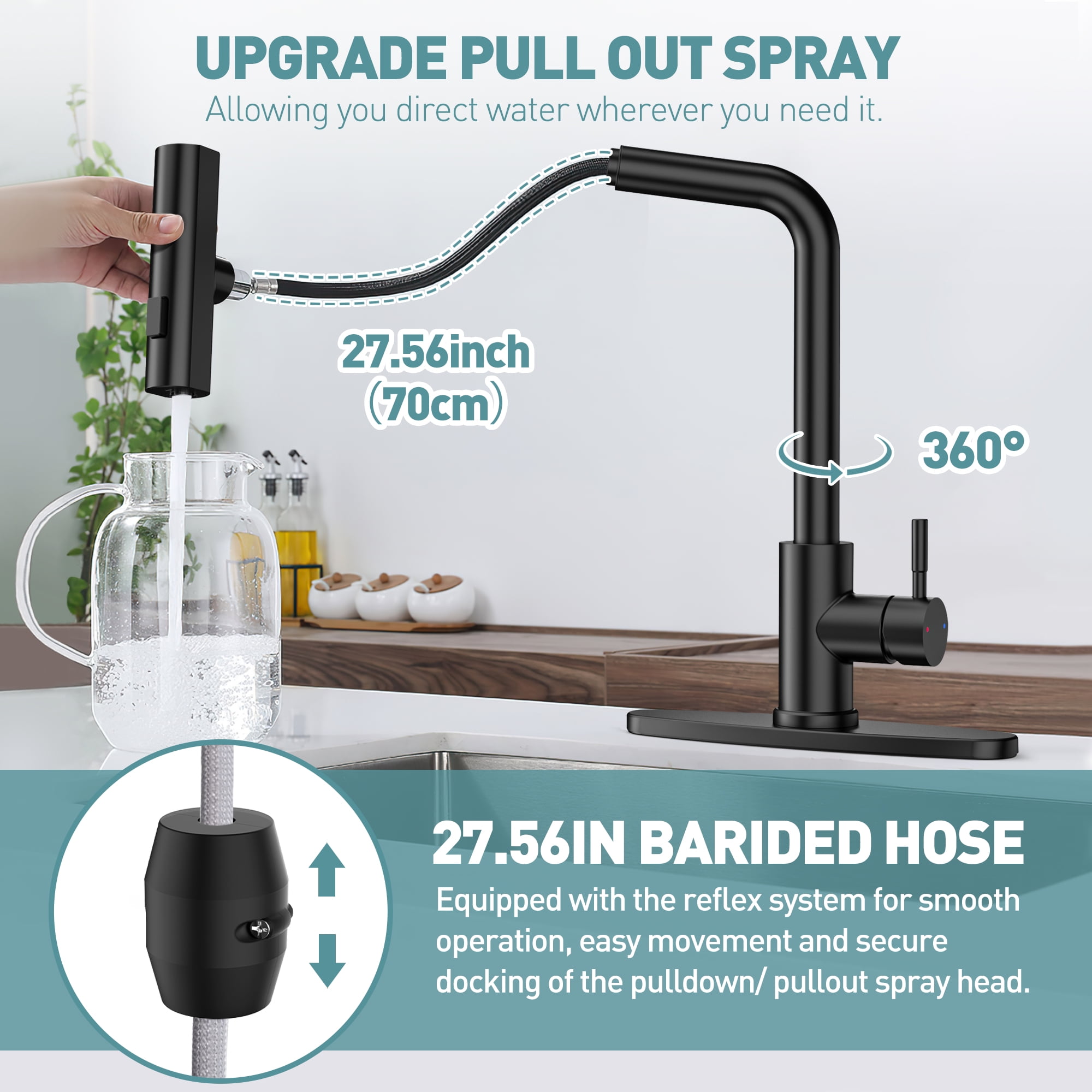 GPED Kitchen Faucets with Pull Down Sprayer, Waterfall Kitchen Sink Faucet w/ 3-Modes Sprayer, SUS304 Stainless Steel, 360° Rotatable Single Handle Faucet w/ Deck Plate &Water pipes for Laundry,Rv