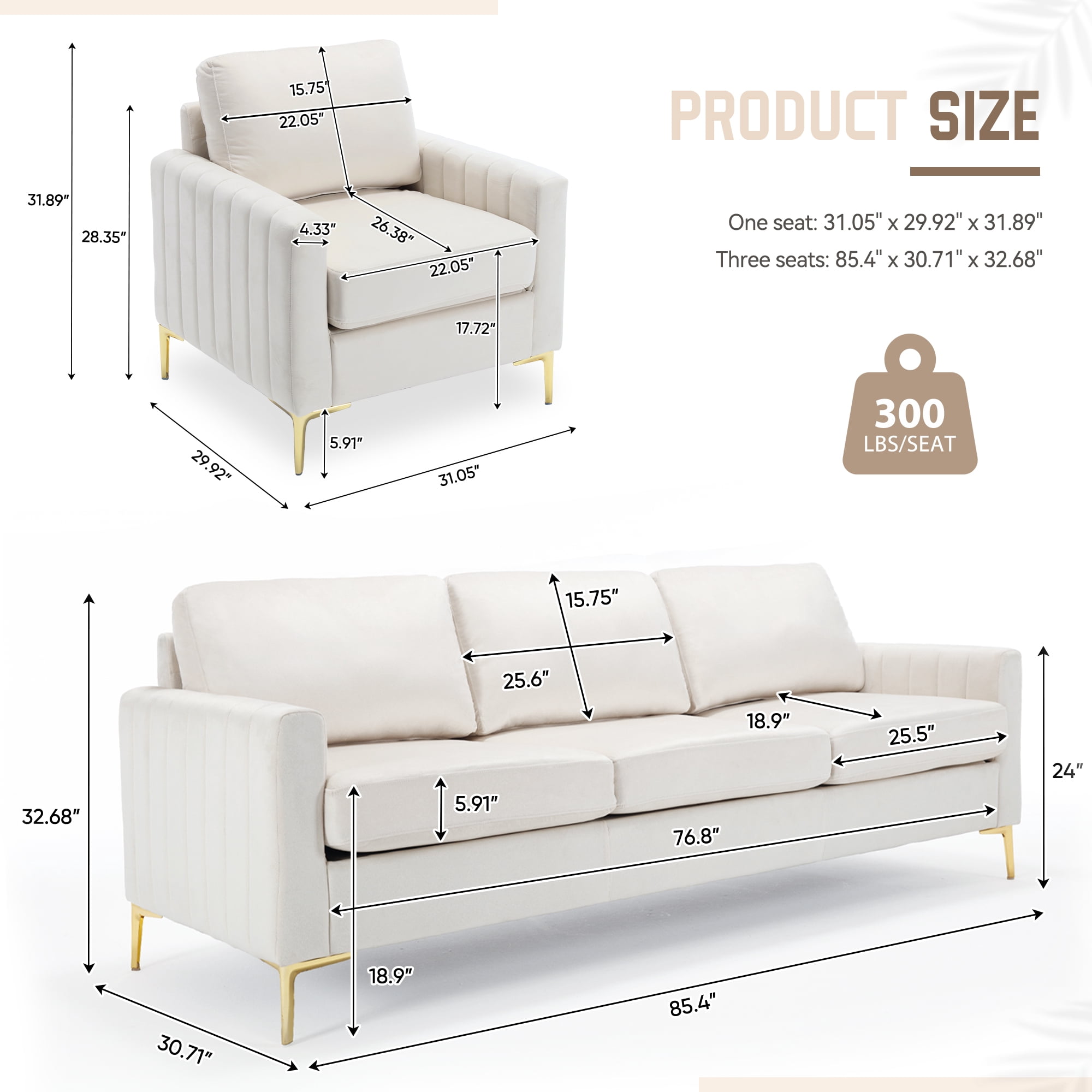 Muumblus Velvet 3 Piece Modern Living Room Furniture Sofa Sets, Beige