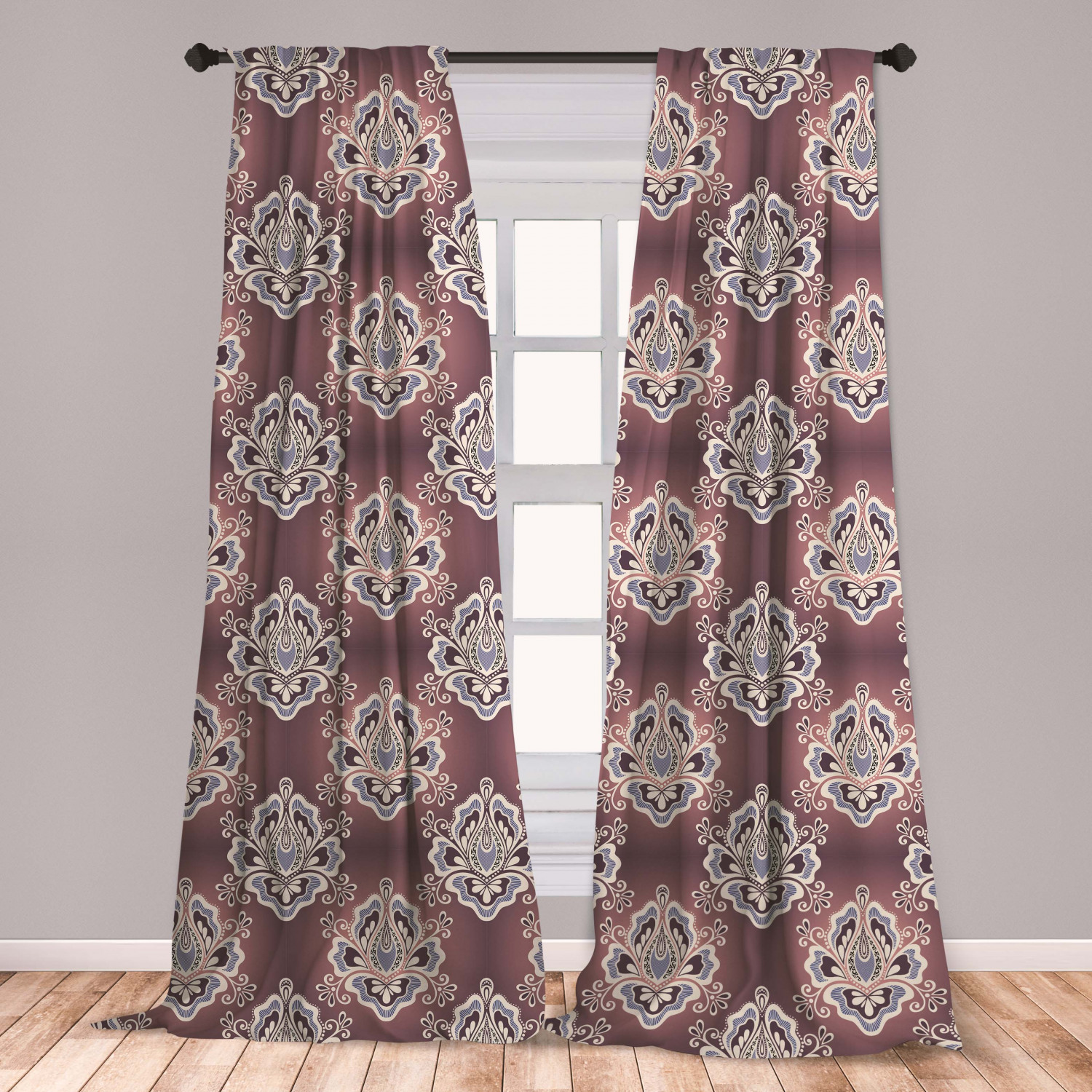 Vintage Curtains 2 Panels Set, Botanical Old Fashioned Motifs in Retro